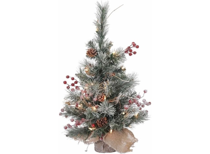 Vickerman 2' Snow Tip Pine/Berry Tree with 20 Clear Lights | Pre-Lit Mini Christmas Tree